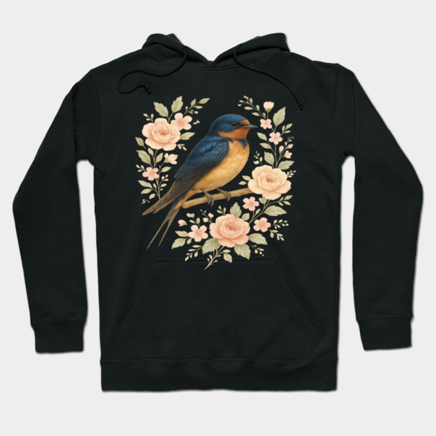 Barn Swallow Bird with Vintage Floral Artwork Hoodie by BirdsnStuff