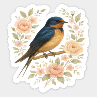 Barn Swallow Bird with Vintage Floral Artwork Sticker