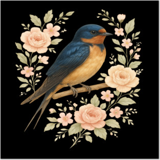 Barn Swallow Bird with Vintage Floral Artwork Posters and Art