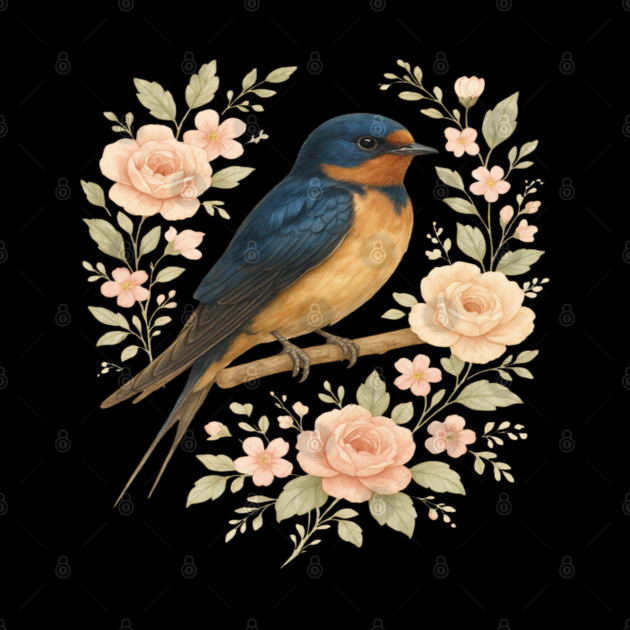 Barn Swallow Bird with Vintage Floral Artwork by BirdsnStuff