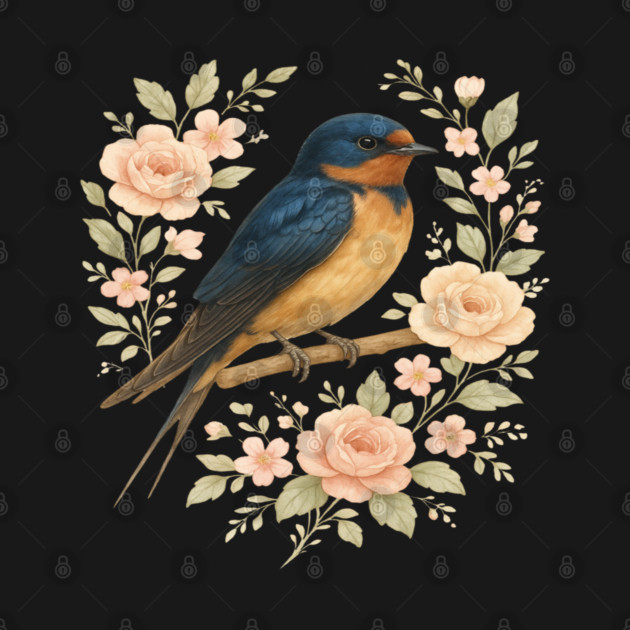 Barn Swallow Bird with Vintage Floral Artwork by BirdsnStuff