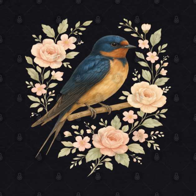 Barn Swallow Bird with Vintage Floral Artwork by BirdsnStuff
