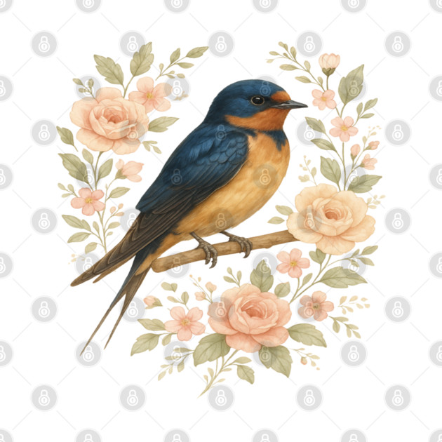 Barn Swallow Bird with Vintage Floral Artwork by BirdsnStuff