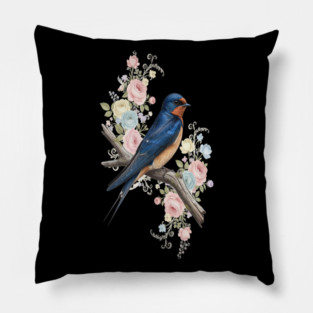 Barn Swallow with Pastel Floral Botanical Artwork Pillow