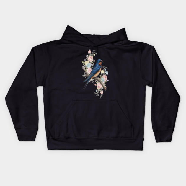 Barn Swallow with Pastel Floral Botanical Artwork Kids Hoodie by BirdsnStuff