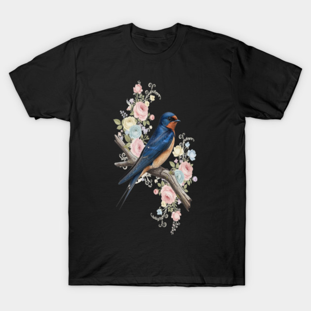 Barn Swallow with Pastel Floral Botanical Artwork T-Shirt by BirdsnStuff