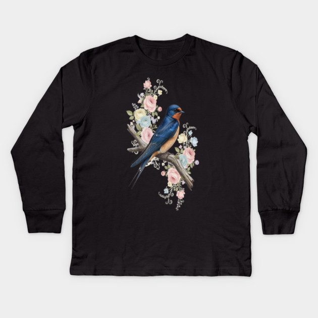 Barn Swallow with Pastel Floral Botanical Artwork Kids Long Sleeve T-Shirt by BirdsnStuff