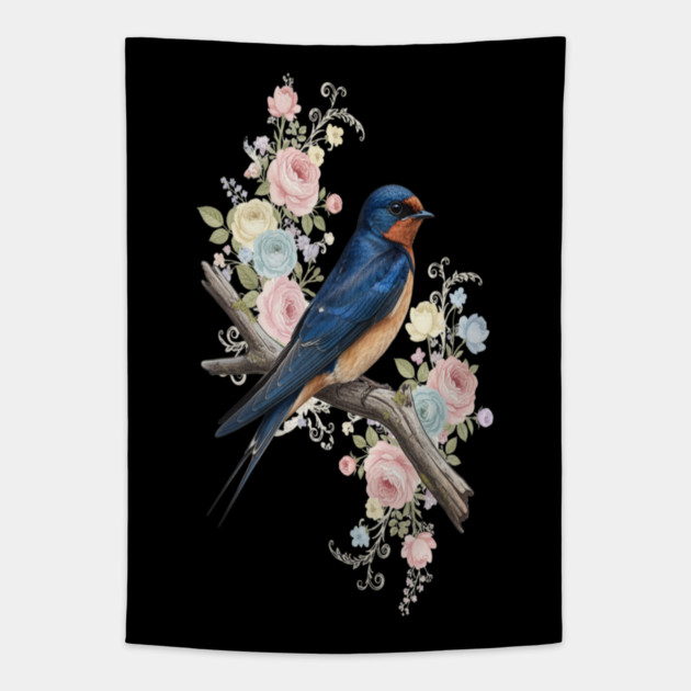 Barn Swallow with Pastel Floral Botanical Artwork Tapestry by BirdsnStuff