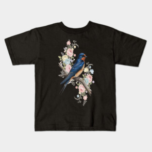 Barn Swallow with Pastel Floral Botanical Artwork Kids T-Shirt