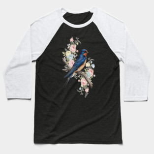 Barn Swallow with Pastel Floral Botanical Artwork Baseball T-Shirt