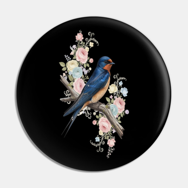 Barn Swallow with Pastel Floral Botanical Artwork Pin by BirdsnStuff