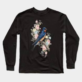 Barn Swallow with Pastel Floral Botanical Artwork Long Sleeve T-Shirt