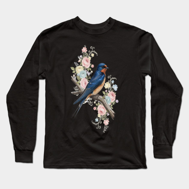 Barn Swallow with Pastel Floral Botanical Artwork Long Sleeve T-Shirt by BirdsnStuff