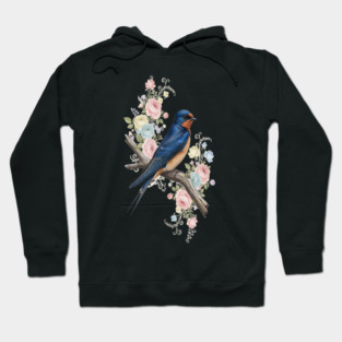 Barn Swallow with Pastel Floral Botanical Artwork Hoodie