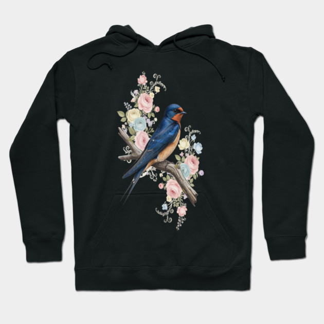 Barn Swallow with Pastel Floral Botanical Artwork Hoodie by BirdsnStuff