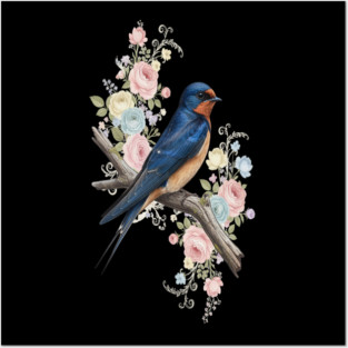 Barn Swallow with Pastel Floral Botanical Artwork Posters and Art