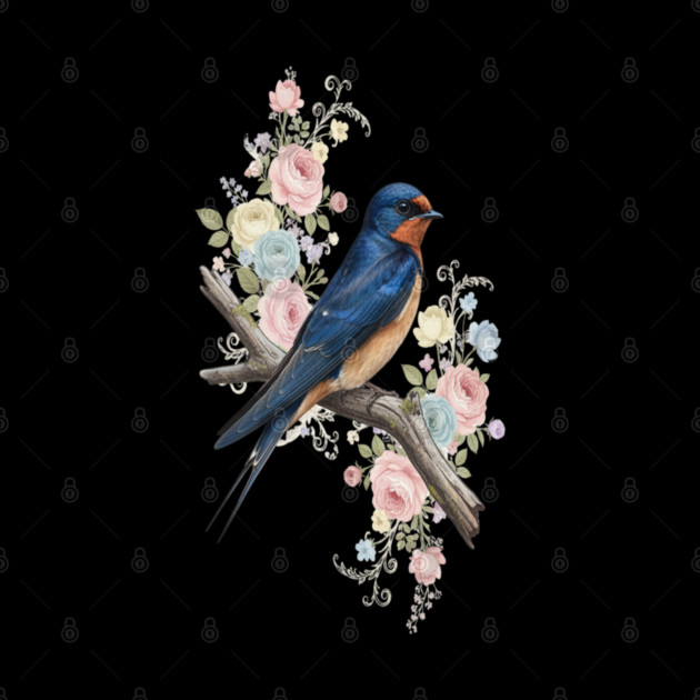 Barn Swallow with Pastel Floral Botanical Artwork by BirdsnStuff