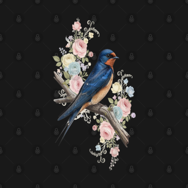 Barn Swallow with Pastel Floral Botanical Artwork by BirdsnStuff