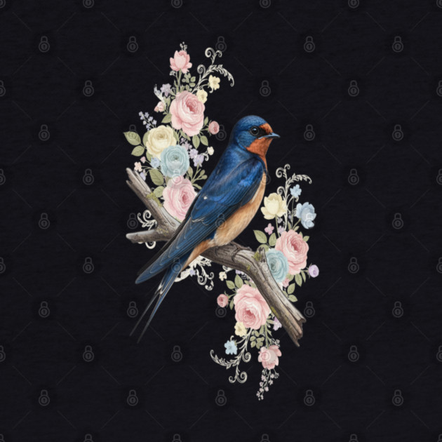 Barn Swallow with Pastel Floral Botanical Artwork by BirdsnStuff
