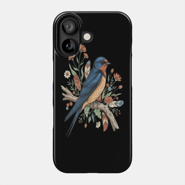 Barn Swallow Bird with Wildflowers and Feathers Phone Case by BirdsnStuff
