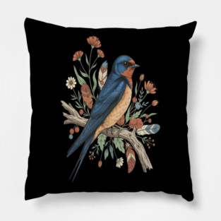 Barn Swallow Bird with Wildflowers and Feathers Pillow