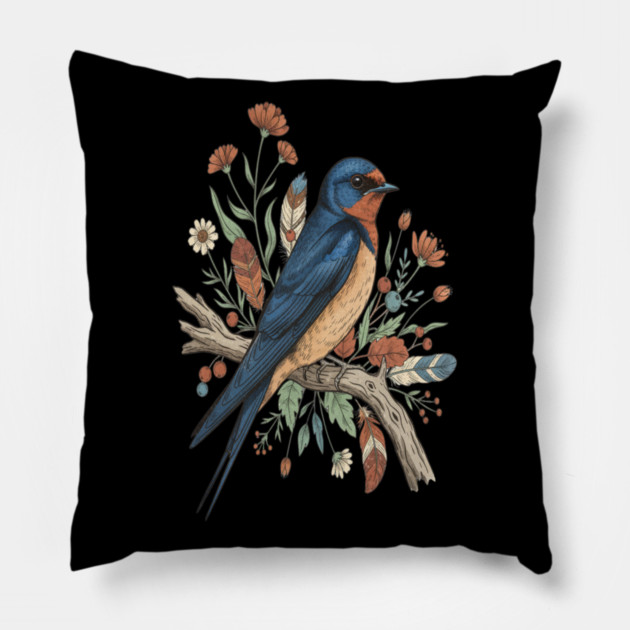 Barn Swallow Bird with Wildflowers and Feathers Pillow by BirdsnStuff