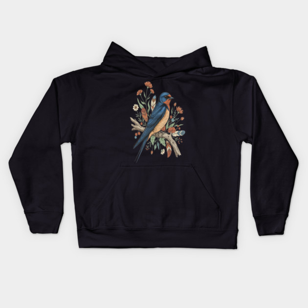 Barn Swallow Bird with Wildflowers and Feathers Kids Hoodie by BirdsnStuff