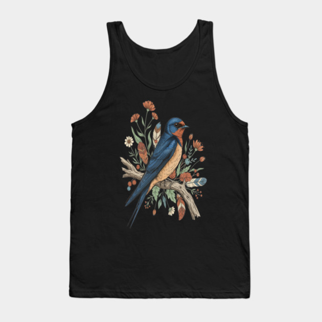 Barn Swallow Bird with Wildflowers and Feathers Tank Top by BirdsnStuff