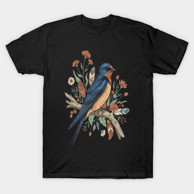 Barn Swallow Bird with Wildflowers and Feathers T-Shirt by BirdsnStuff