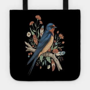 Barn Swallow Bird with Wildflowers and Feathers Tote