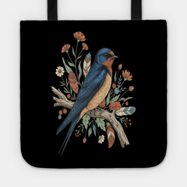Barn Swallow Bird with Wildflowers and Feathers Tote by BirdsnStuff