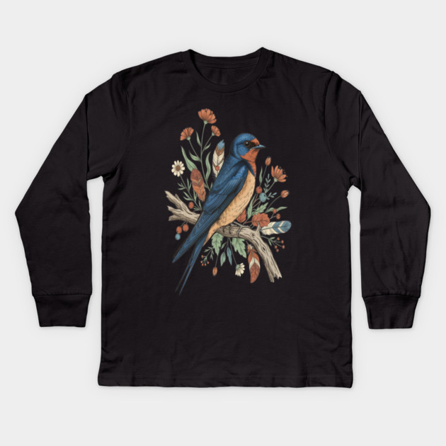 Barn Swallow Bird with Wildflowers and Feathers Kids Long Sleeve T-Shirt by BirdsnStuff