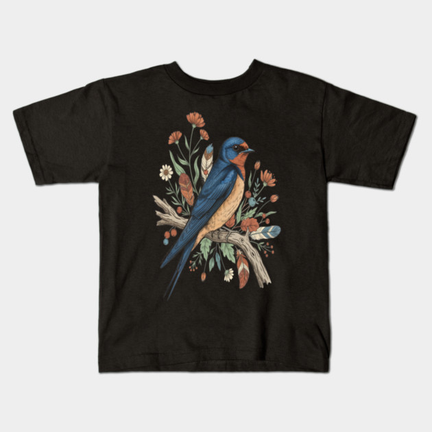Barn Swallow Bird with Wildflowers and Feathers Kids T-Shirt by BirdsnStuff