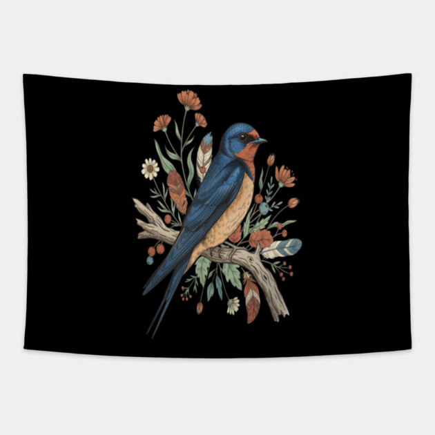 Barn Swallow Bird with Wildflowers and Feathers Tapestry by BirdsnStuff