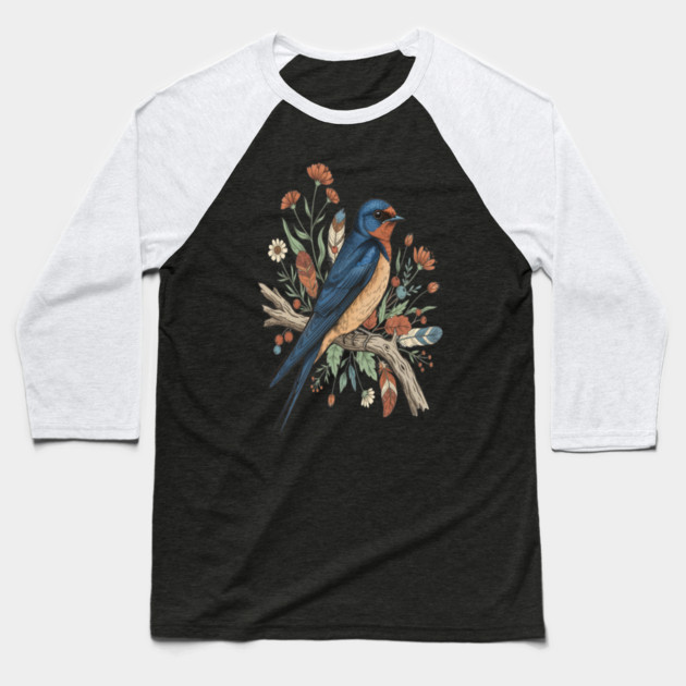 Barn Swallow Bird with Wildflowers and Feathers Baseball T-Shirt by BirdsnStuff