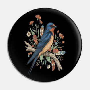 Barn Swallow Bird with Wildflowers and Feathers Pin
