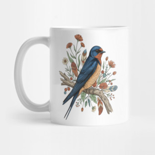 Barn Swallow Bird with Wildflowers and Feathers Mug