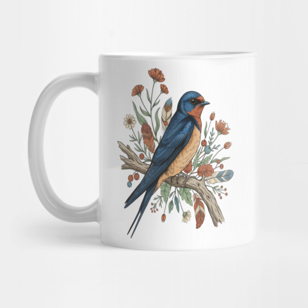 Barn Swallow Bird with Wildflowers and Feathers by BirdsnStuff