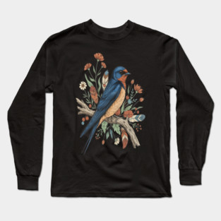 Barn Swallow Bird with Wildflowers and Feathers Long Sleeve T-Shirt