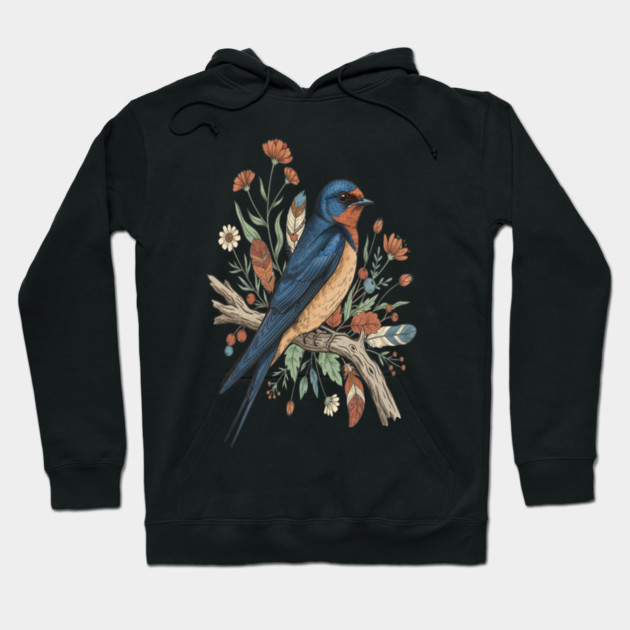 Barn Swallow Bird with Wildflowers and Feathers Hoodie by BirdsnStuff