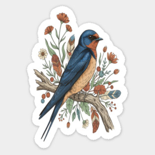 Barn Swallow Bird with Wildflowers and Feathers Sticker