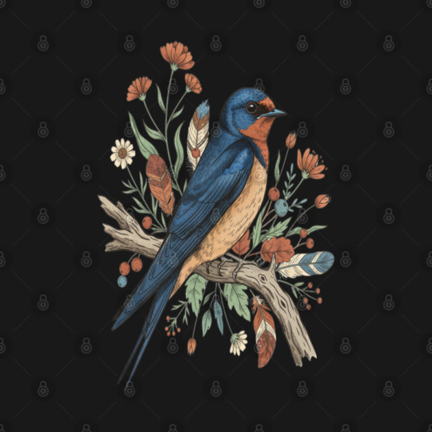Barn Swallow Bird with Wildflowers and Feathers by BirdsnStuff