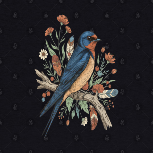 Barn Swallow Bird with Wildflowers and Feathers by BirdsnStuff