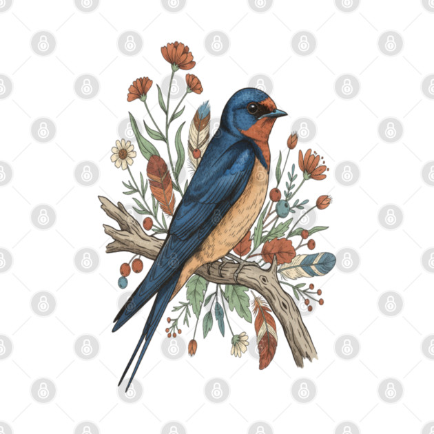 Barn Swallow Bird with Wildflowers and Feathers by BirdsnStuff