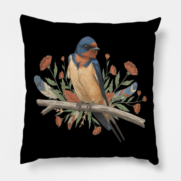 Barn Swallow Bird with Branch and Rustic Flowers Pillow by BirdsnStuff
