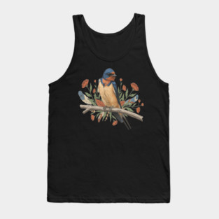 Barn Swallow Bird with Branch and Rustic Flowers Tank Top