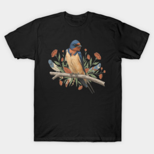 Barn Swallow Bird with Branch and Rustic Flowers T-Shirt