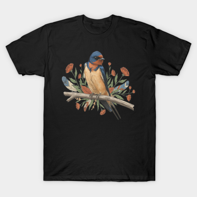 Barn Swallow Bird with Branch and Rustic Flowers T-Shirt by BirdsnStuff