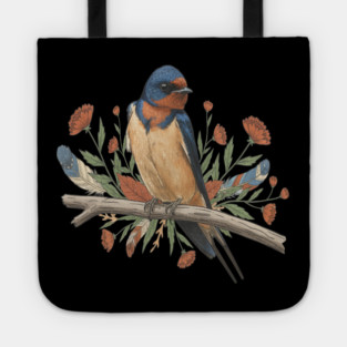 Barn Swallow Bird with Branch and Rustic Flowers Tote