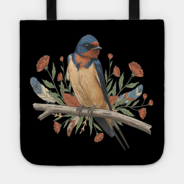 Barn Swallow Bird with Branch and Rustic Flowers Tote by BirdsnStuff